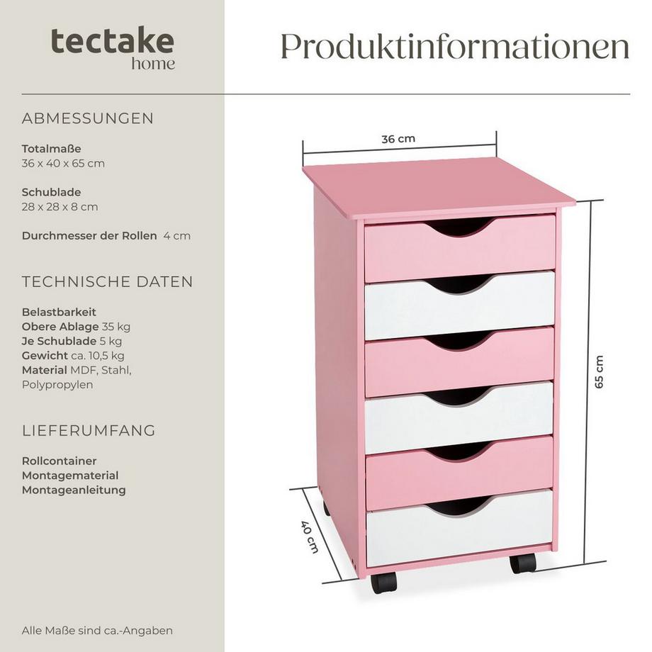 Tectake Rollcontainer  aus Holz mit 6 Schubladen  