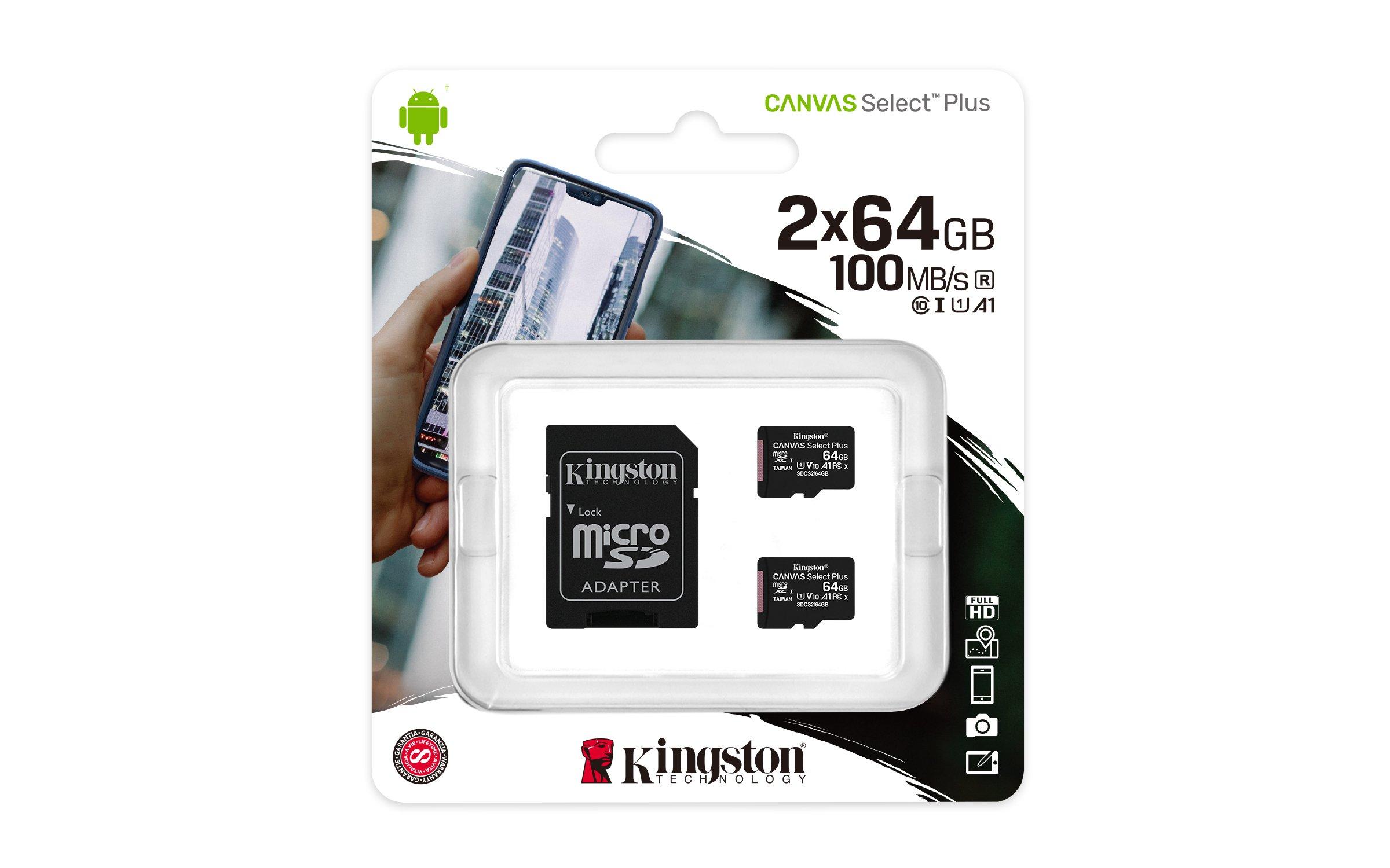 Kingston  64GB MICROSDXC CANVAS SELECT 2P 2PC 100R A1 C10 CARD+SD ADAPTER 