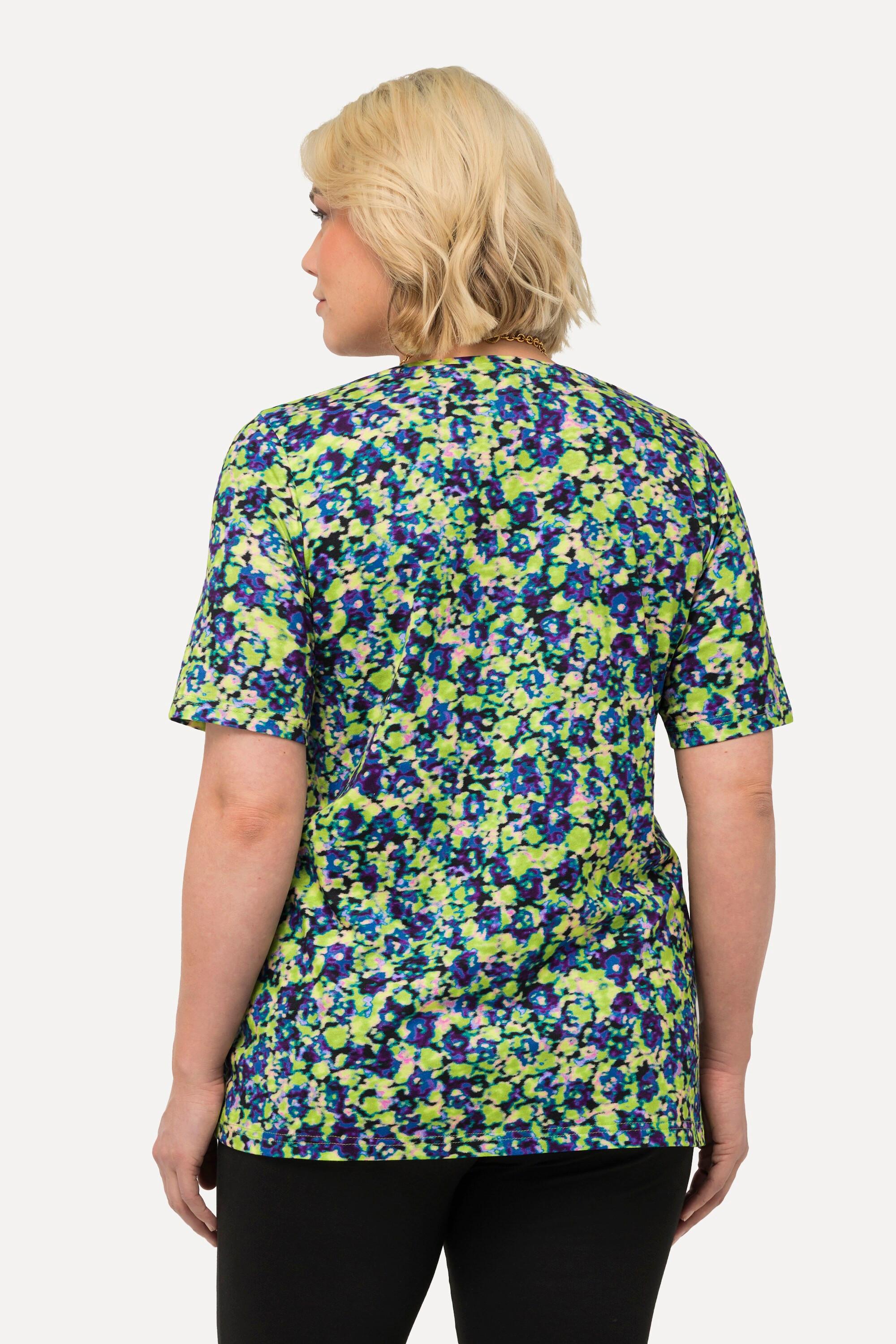 Ulla Popken  T-shirt long floral à manches courtes. Ligne A et col V 