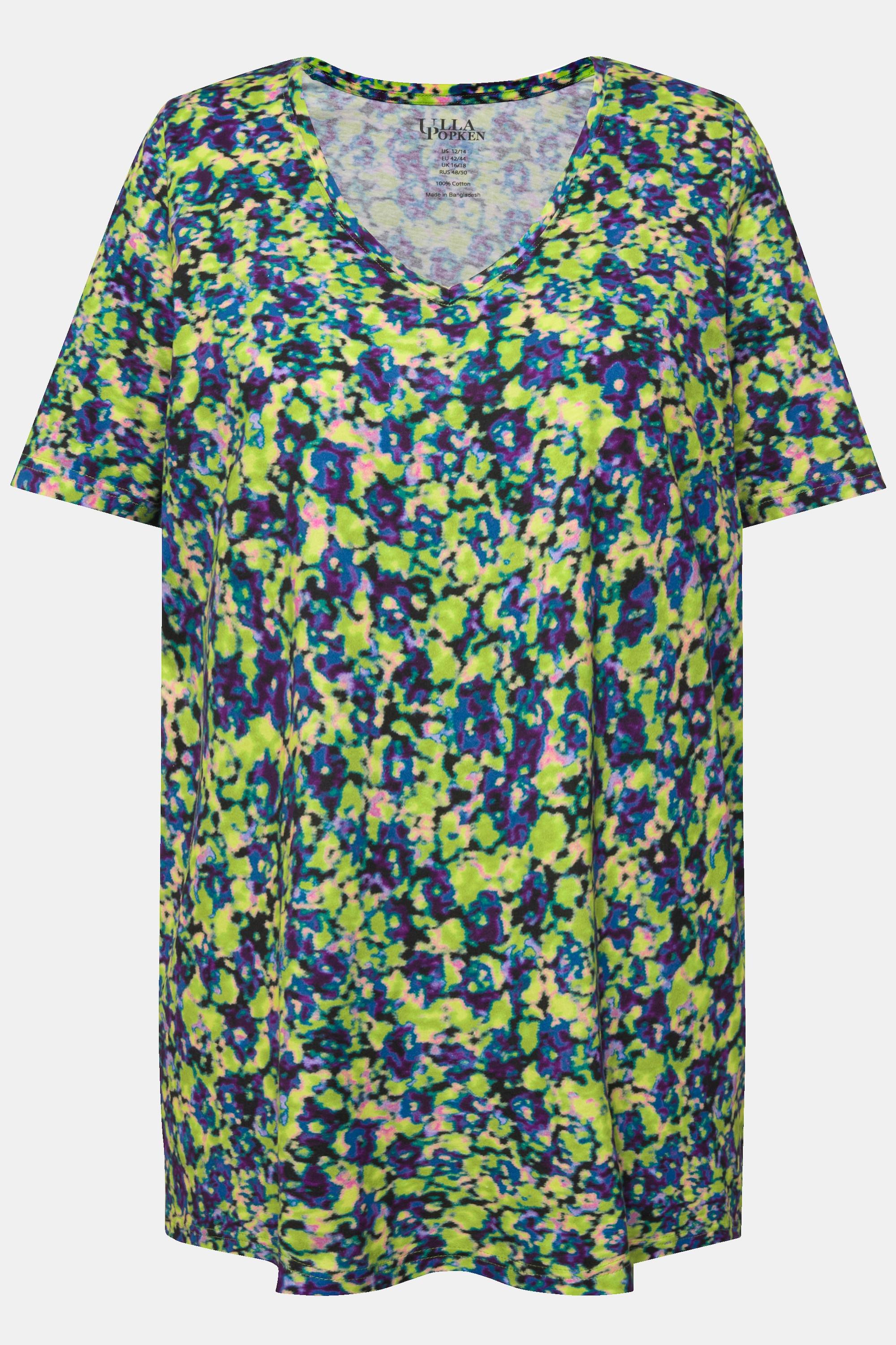 Ulla Popken  T-shirt long floral à manches courtes. Ligne A et col V 