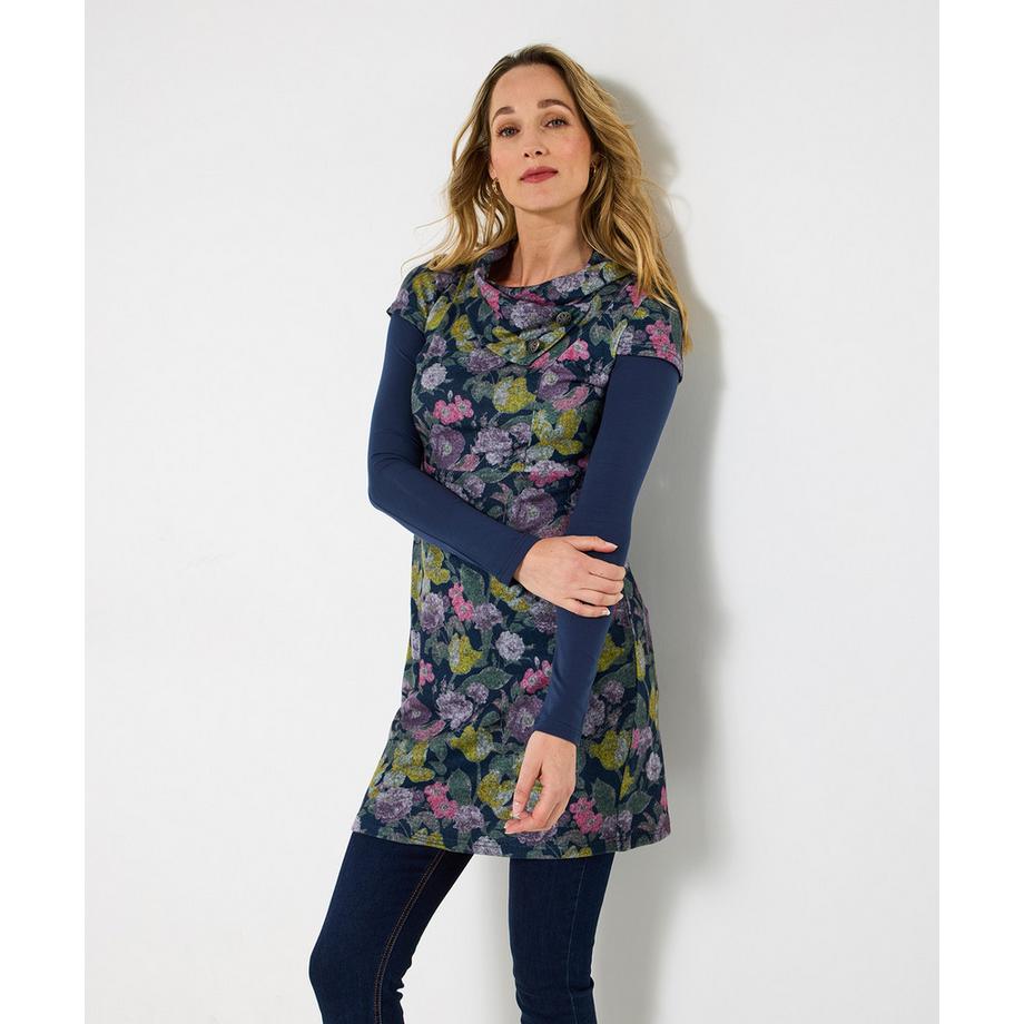 Lagenlook-Jacquard-Tunika mit Stretch, Blumenprint und Rollkragen