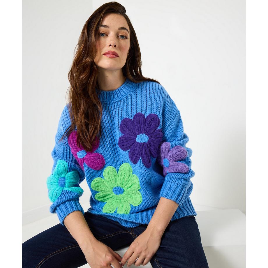 Joe Browns Maglione Lavorato a Maglia Grossa Applicazioni Floreali Colorate Maniche Lunghe  