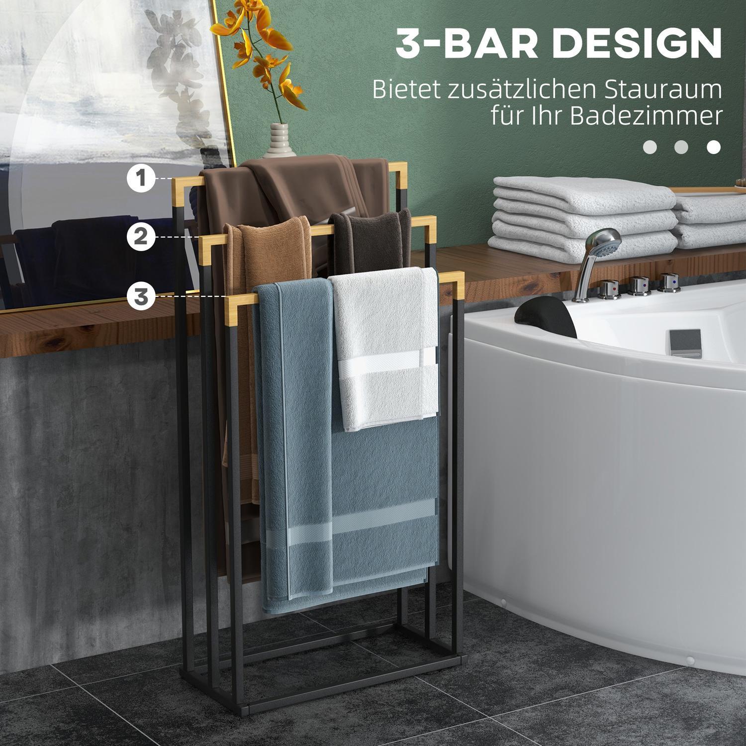 Northio Porta Asciugamani 3 Barre Porta Asciugamani Da Bagno In Bambù In Acciaio Nero  