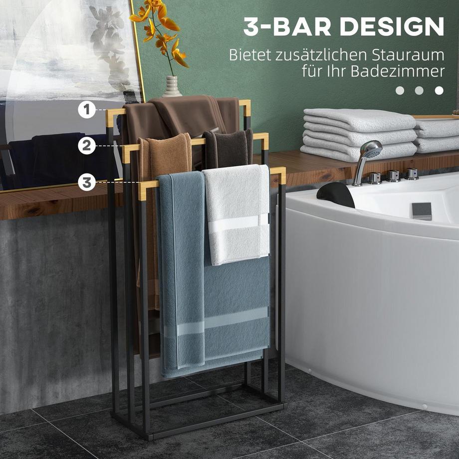 Northio Porte-Serviettes 3 Barres En Acier Porte-Serviettes De Bain En Bambou Noir  