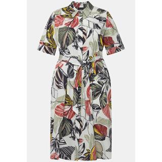 Ulla Popken  Robe chemisier, imprimé feuilles. Col chemise et manches 3/4. Ligne en A. 