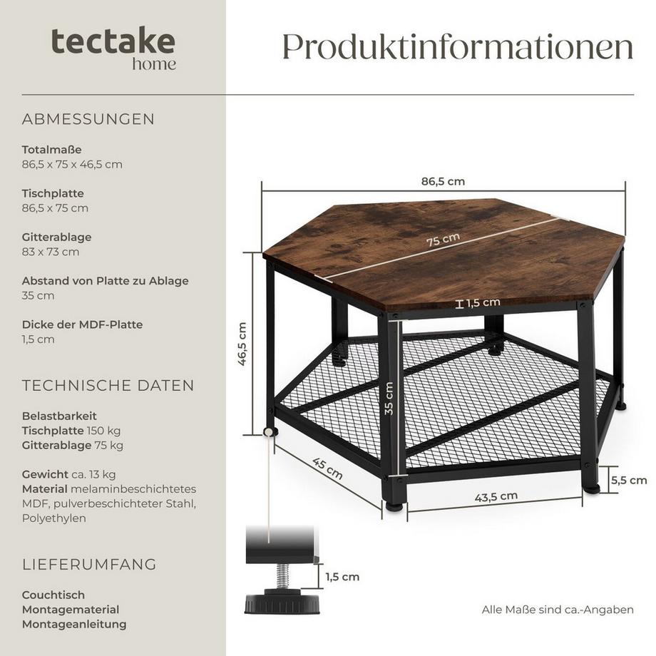 Tectake Couchtisch Norwich Industrial Style Holz und Stahl  