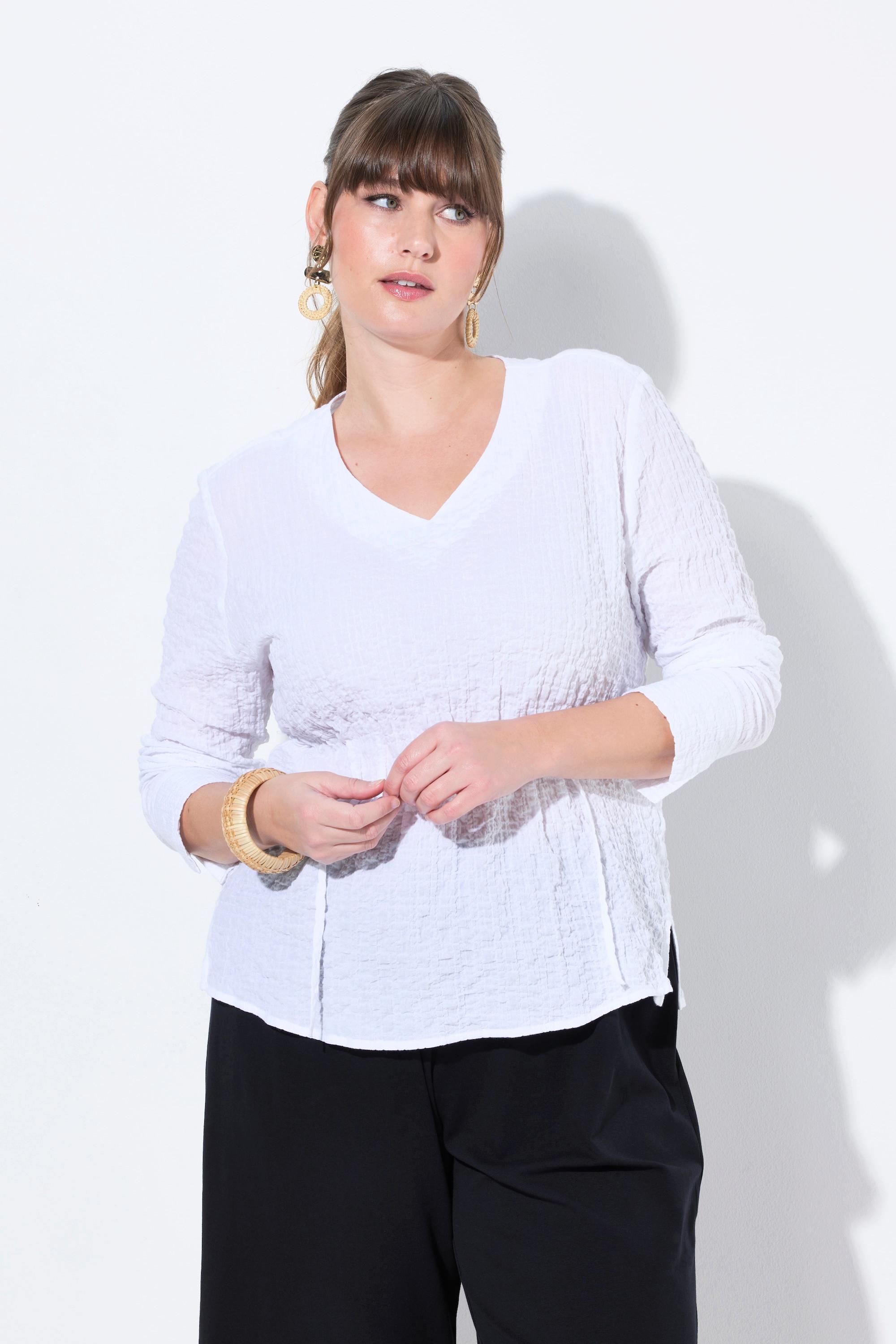 Ulla Popken Blusa Tunica Arricciatura Scollo a V Manica Lunga Cotone Biologico  