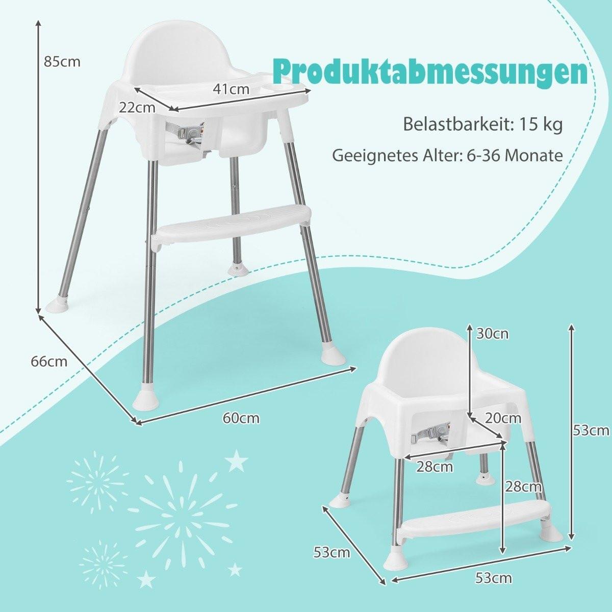 Northix  4 in 1 Babyhochstuhl aus PP & Edelstahl Hochstuhl Umwandelbar mit Abnehmbarem Doppeltablett Weiß 