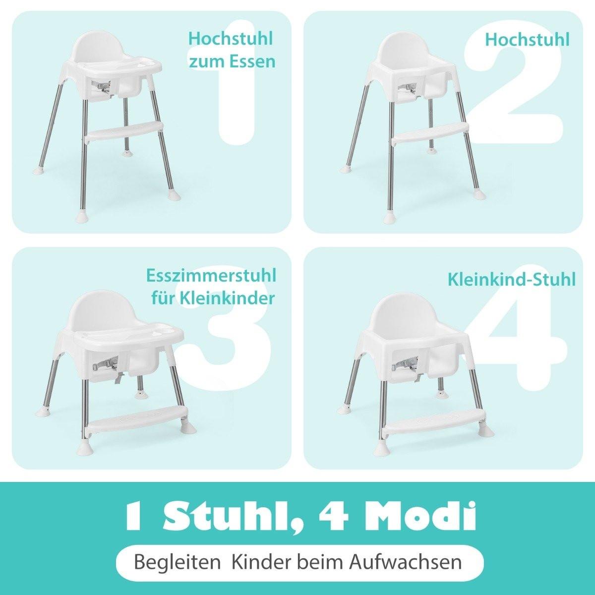 Northix  4 in 1 Babyhochstuhl aus PP & Edelstahl Hochstuhl Umwandelbar mit Abnehmbarem Doppeltablett Weiß 