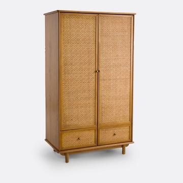 Schrank aus massiver Kiefer und Rohrgeflecht