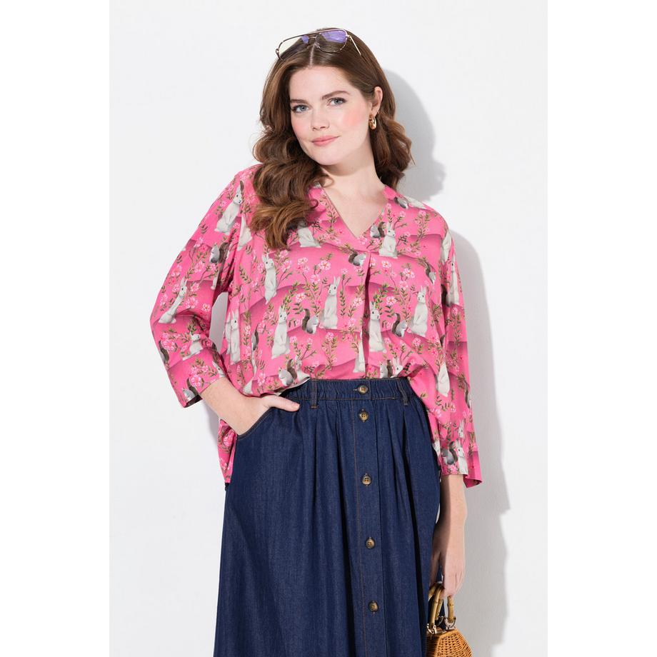 Ulla Popken Tunika Stehkragen V-Ausschnitt Zierfalte 3/4-Arm  