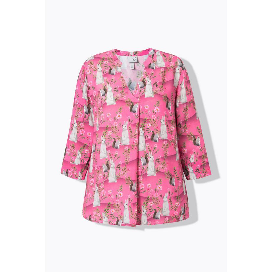 Ulla Popken Tunika Stehkragen V-Ausschnitt Zierfalte 3/4-Arm  