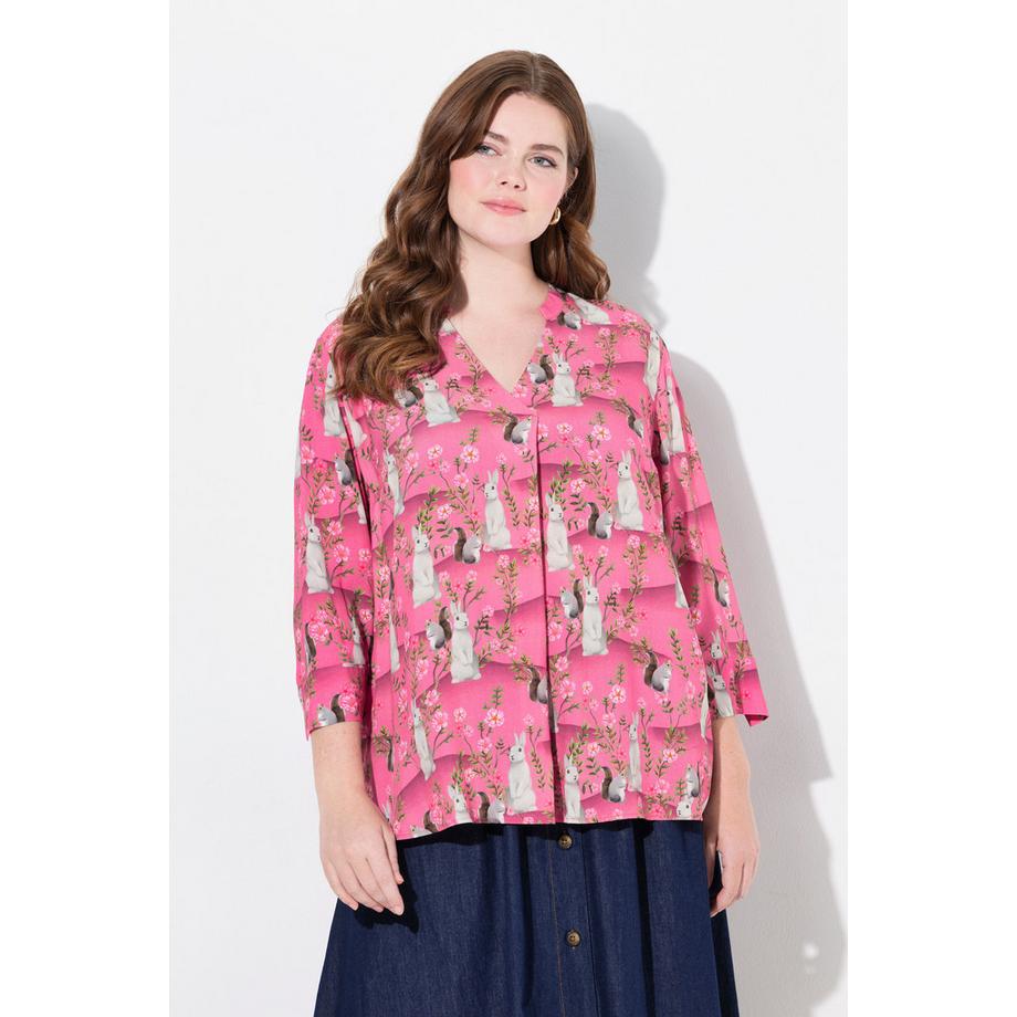 Ulla Popken Tunika Stehkragen V-Ausschnitt Zierfalte 3/4-Arm  