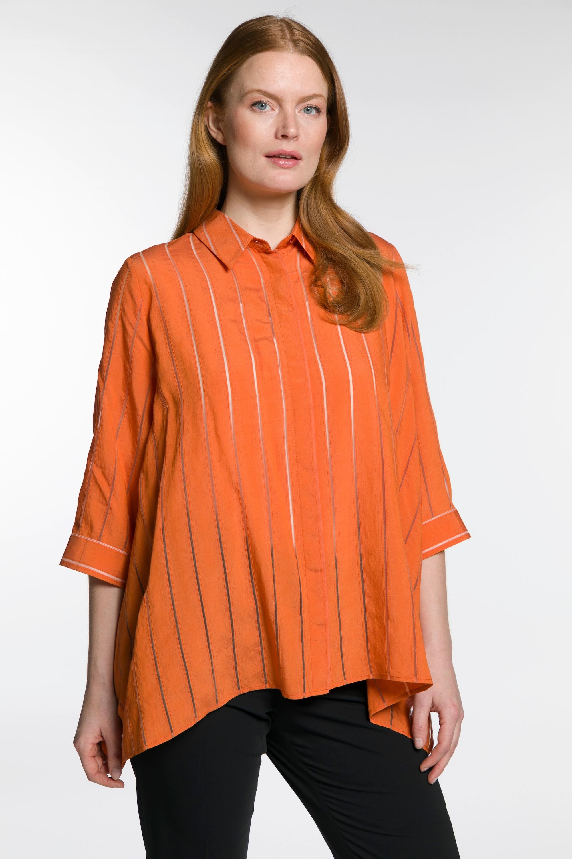 Ulla Popken  Bluse, Streifen, A-Linie, Hemdkragen, 3/4-Arm, Leinenmix 