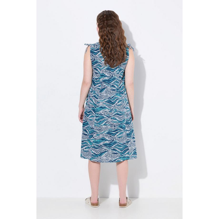 Ulla Popken Midi Jersey Wellen Print Ärmelloses V-Ausschnitt Kleid  