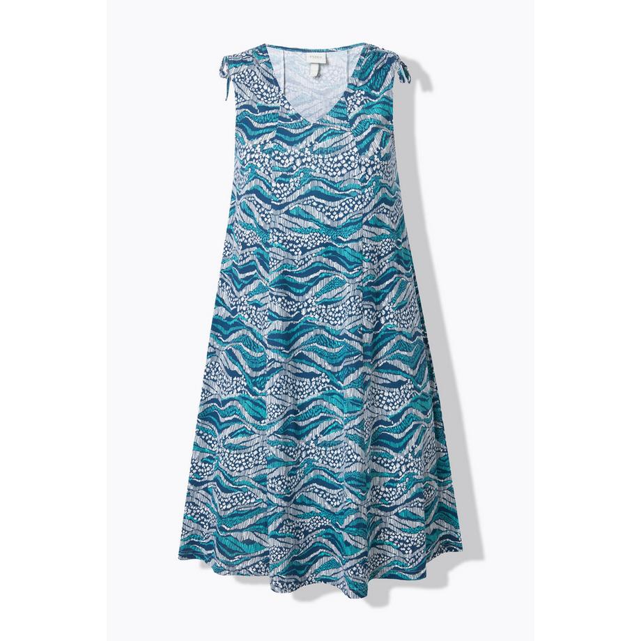 Ulla Popken Midi Jersey Wellen Print Ärmelloses V-Ausschnitt Kleid  