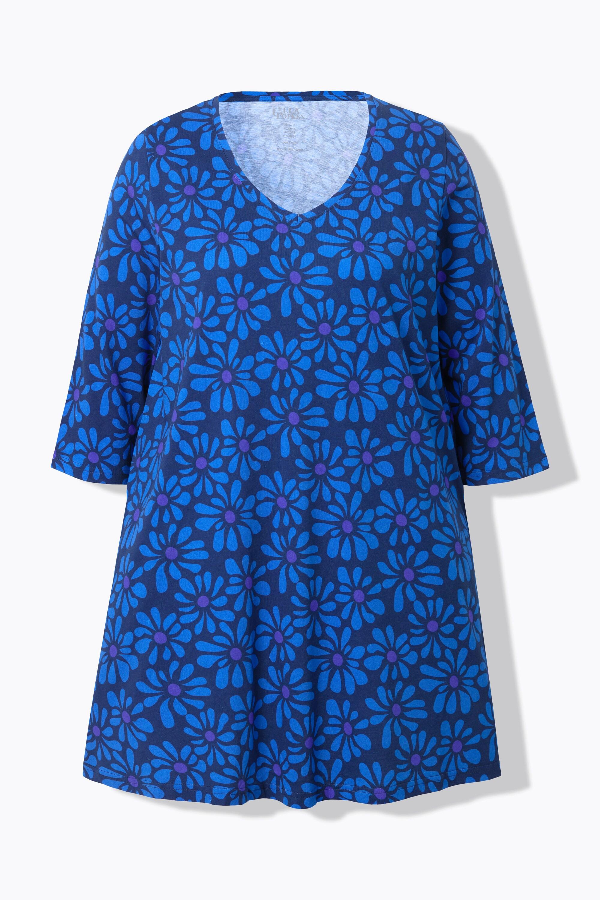 Ulla Popken  Longshirt, Blüten, A-Linie, V-Ausschnitt, 3/4-Arm 