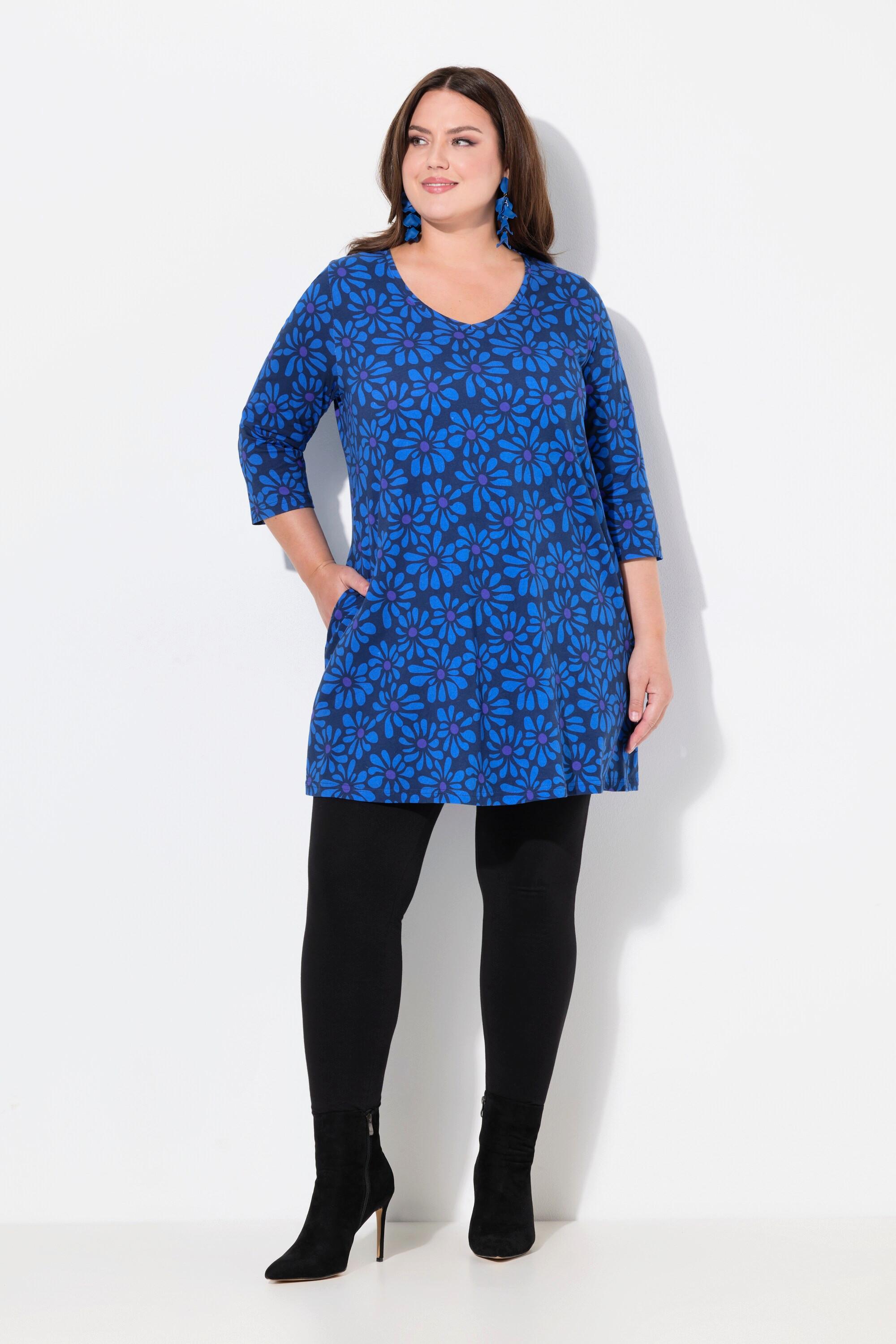 Ulla Popken  Longshirt, Blüten, A-Linie, V-Ausschnitt, 3/4-Arm 