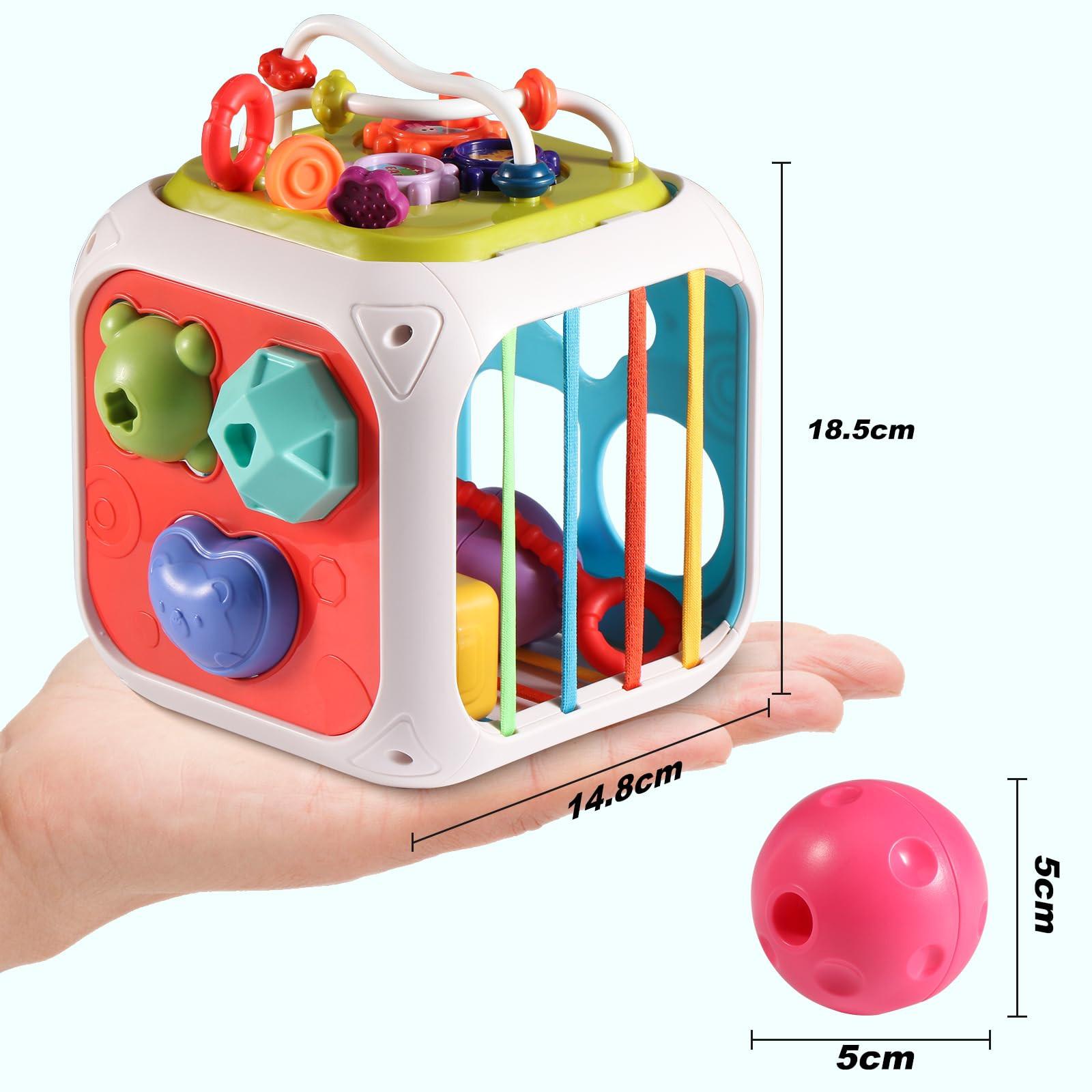 Activity-board  Cube d'activités 7-en-1 pour les tout-petits, jouet sensoriel cube de motricité, jouet pour bébé et 6 formes multi-sensorielles à empiler 