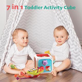 Activity-board  Cube d'activités 7-en-1 pour les tout-petits, jouet sensoriel cube de motricité, jouet pour bébé et 6 formes multi-sensorielles à empiler 