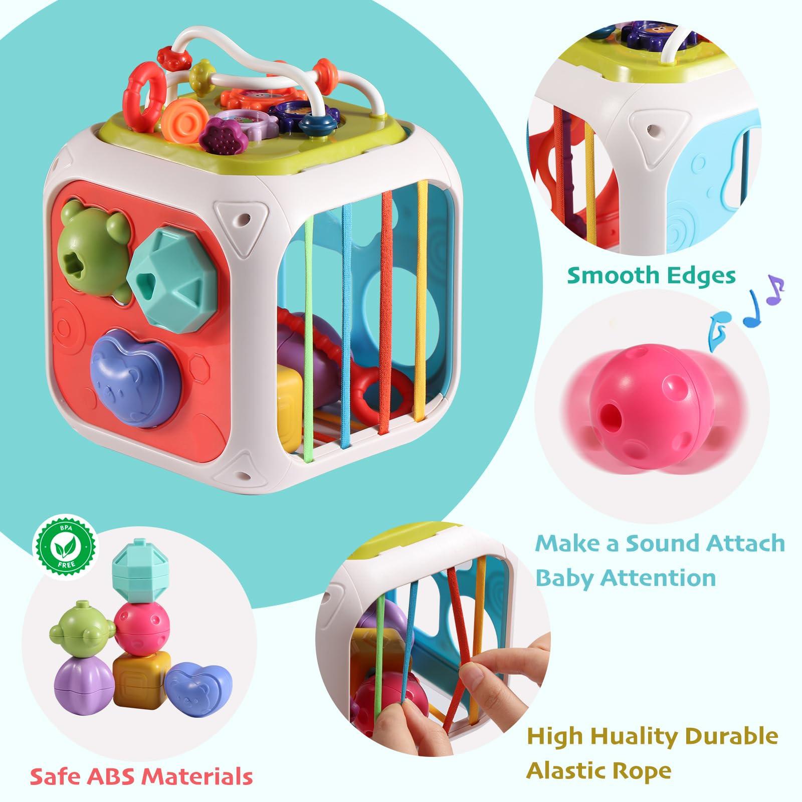 Activity-board  Cube d'activités 7-en-1 pour les tout-petits, jouet sensoriel cube de motricité, jouet pour bébé et 6 formes multi-sensorielles à empiler 