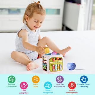 Activity-board  Cube d'activités 7-en-1 pour les tout-petits, jouet sensoriel cube de motricité, jouet pour bébé et 6 formes multi-sensorielles à empiler 