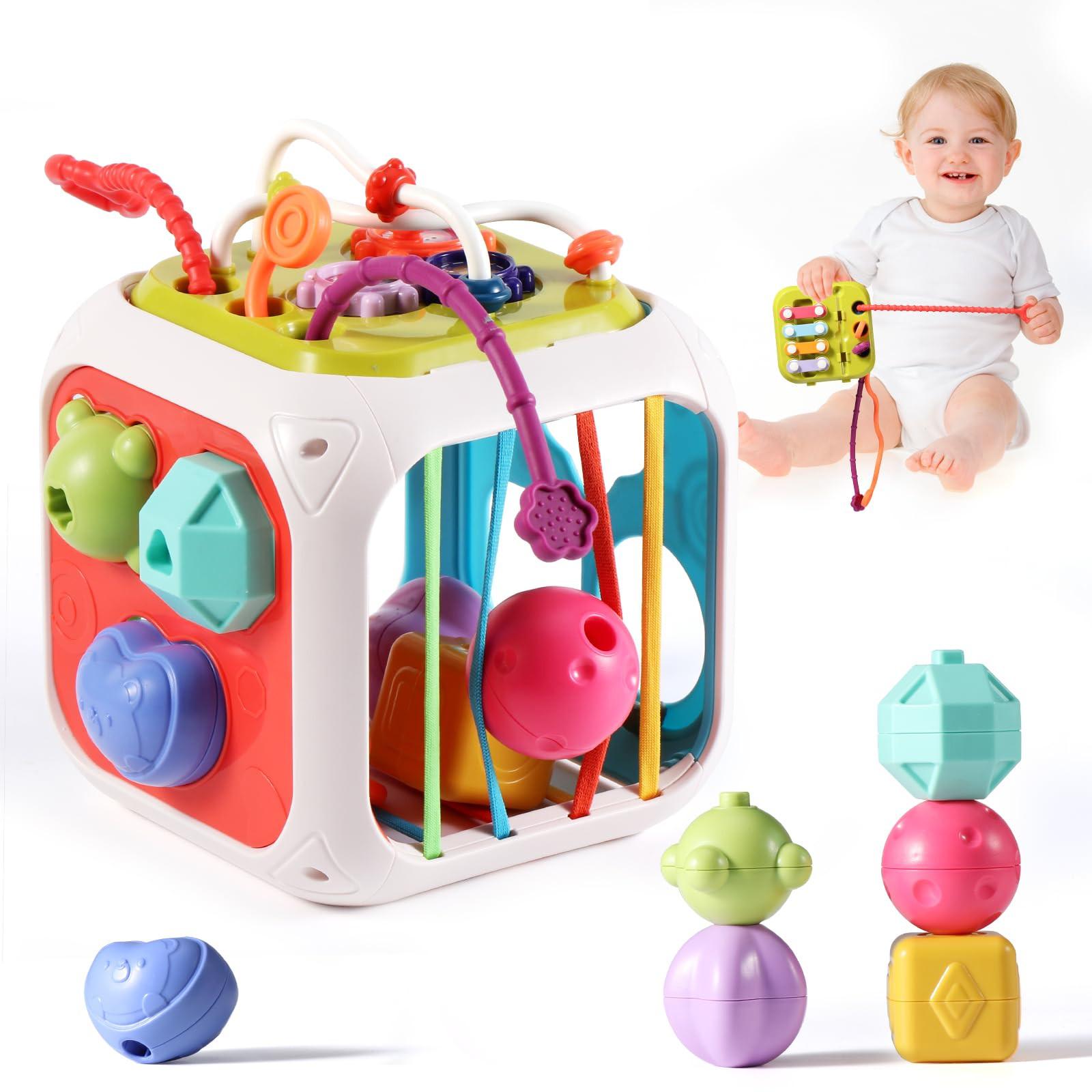 Activity-board  Cube d'activités 7-en-1 pour les tout-petits, jouet sensoriel cube de motricité, jouet pour bébé et 6 formes multi-sensorielles à empiler 