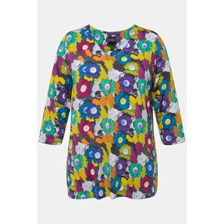 Ulla Popken  T-shirt au tombé fluide, imprimé floral, col en V Manches 3/4 