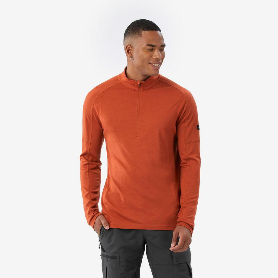 FORCLAZ  T-shirt manches longues à col zip en laine mérinos homme, Merino Resist marron 