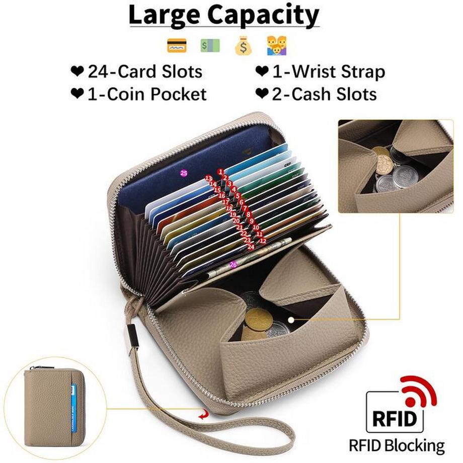 Only-bags.store Leder Reissverschluss Portemonnaie im Orgelstil mit Kreditkartenschutz  