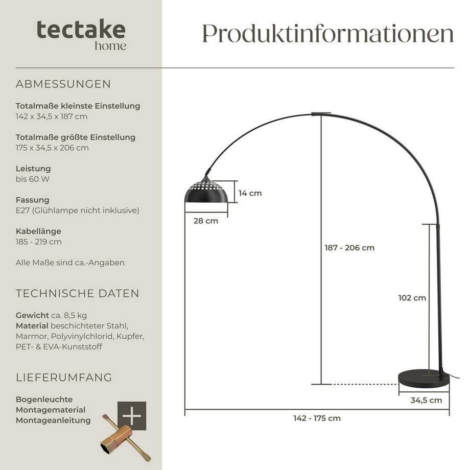 Tectake  Bogenleuchte Arcus 70er Jahre Retro-Stil beschichteter Stahl, 60 W 