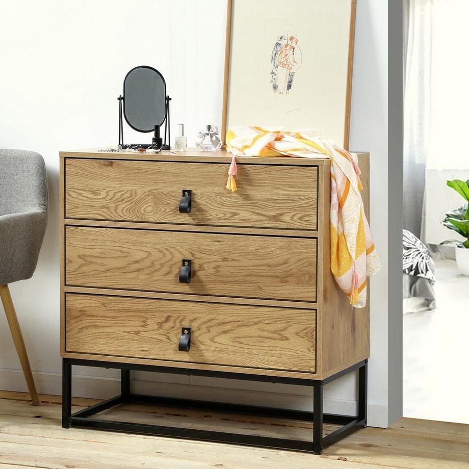 Calicosy Kommode in Eiche-Dekor mit 3 Schubladen und Metallgestell  