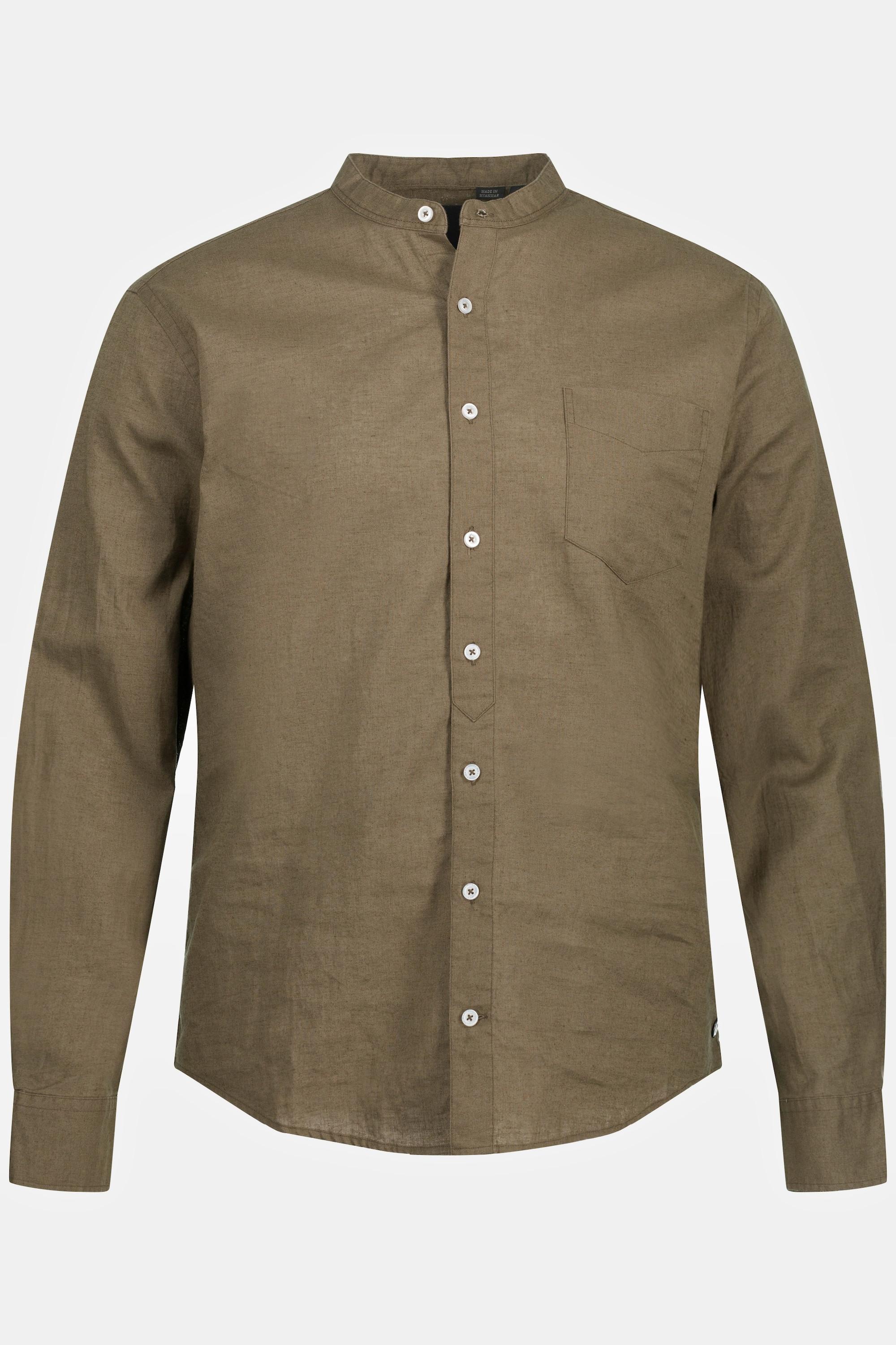 JP1880  Camicia in misto lino dalla vestibilità moderna con colletto alla coreana e maniche lunghe 