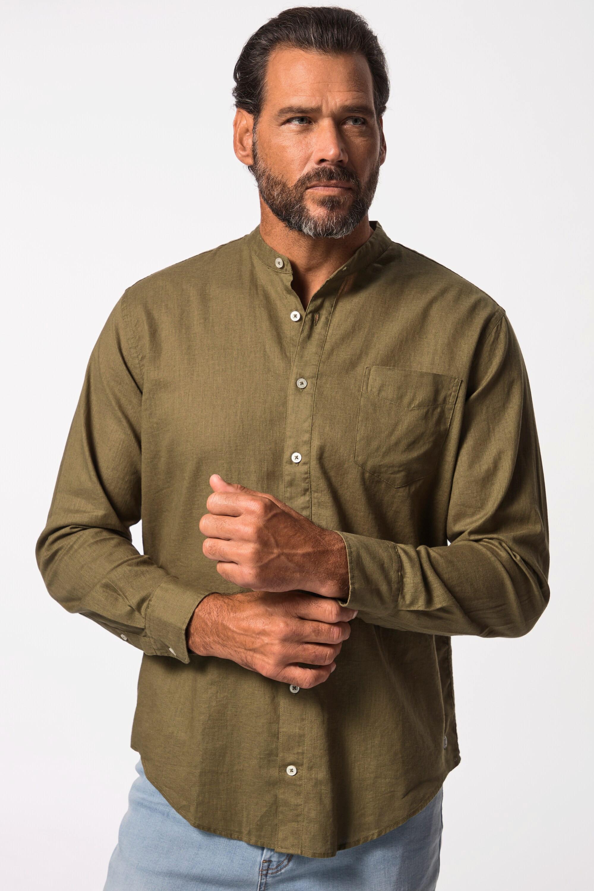 JP1880  Camicia in misto lino dalla vestibilità moderna con colletto alla coreana e maniche lunghe 