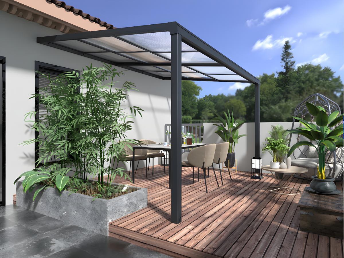 Vente-unique Pergola adossée avec toit coulissant - 12m² - anthracite - IZEDA  