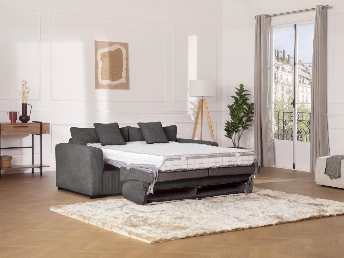 Vente-unique Canapé 3 places convertible express en velours côtelé gris anthracite - Couchage 140 cm -  Matelas 18 cm - MONDOVI  