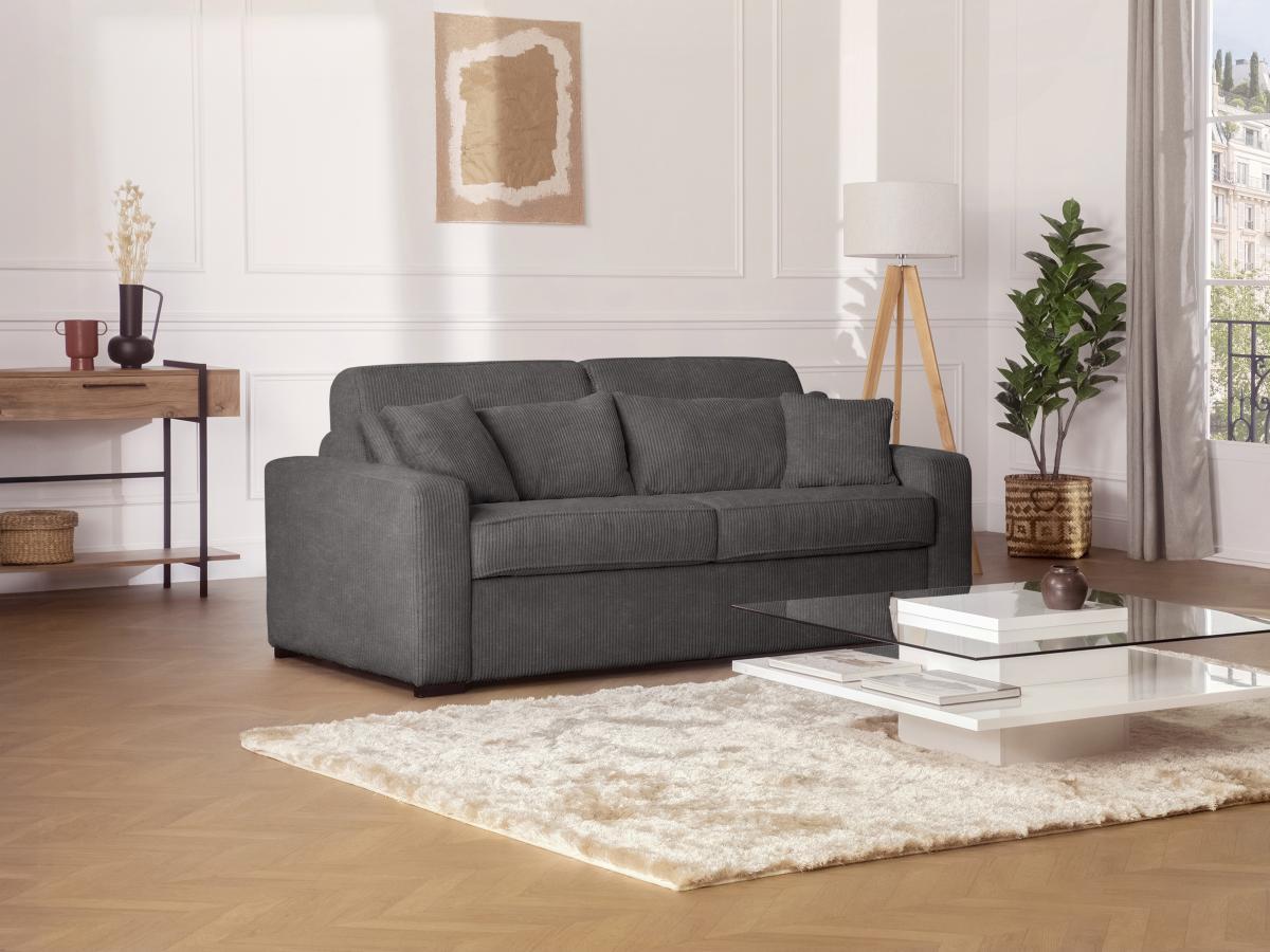 Vente-unique Canapé 3 places convertible express en velours côtelé gris anthracite - Couchage 140 cm -  Matelas 18 cm - MONDOVI  