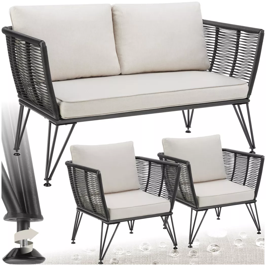 tectake® Garten-Loungeset, Polyrattan im Rope-Design, abnehmbare Polyesterbezüge, höhenverstellbare Füße