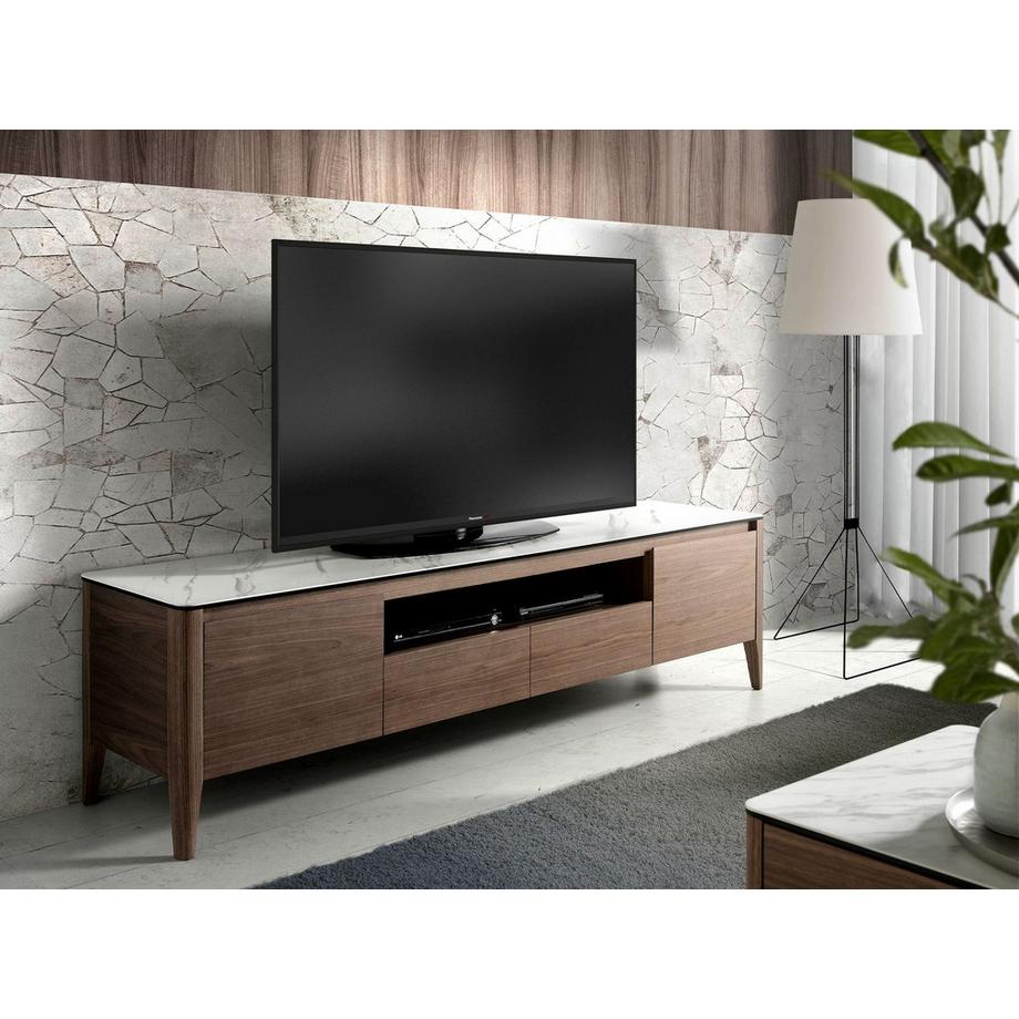 ANGEL CERDA TV-Ständer aus Nussbaumholz mit Glasplatte aus Marmorimitation  