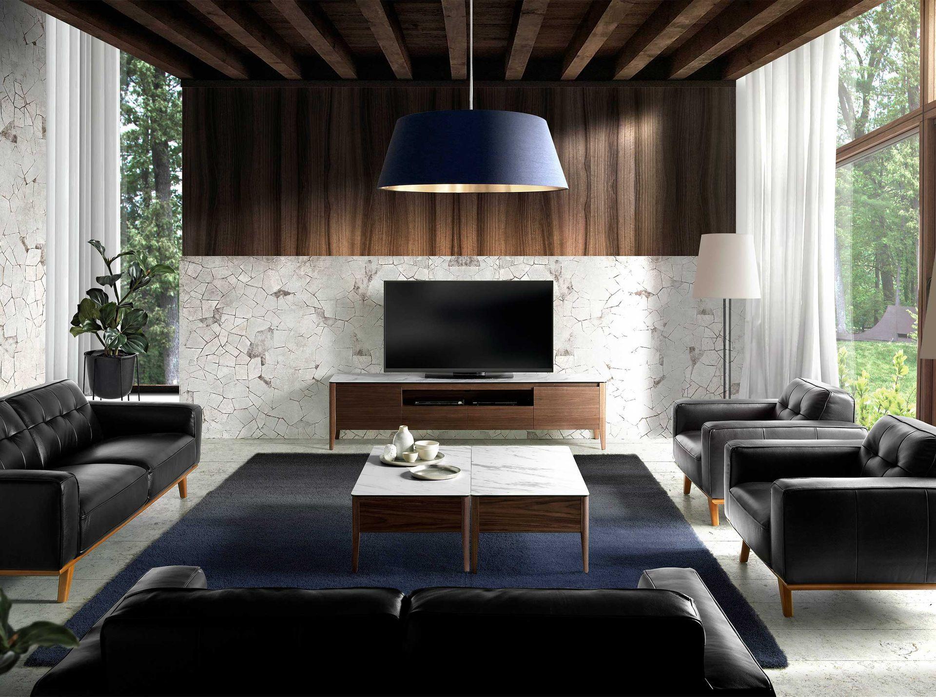 ANGEL CERDA Porta TV in noce con piano in vetro a imitazione del marmo  