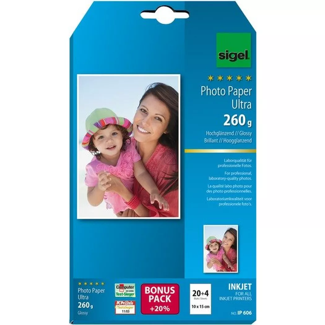 Sigel – InkJet Fotopapier 10x15cm IP606 260g,glossy, weiss 24 Blatt, One Size