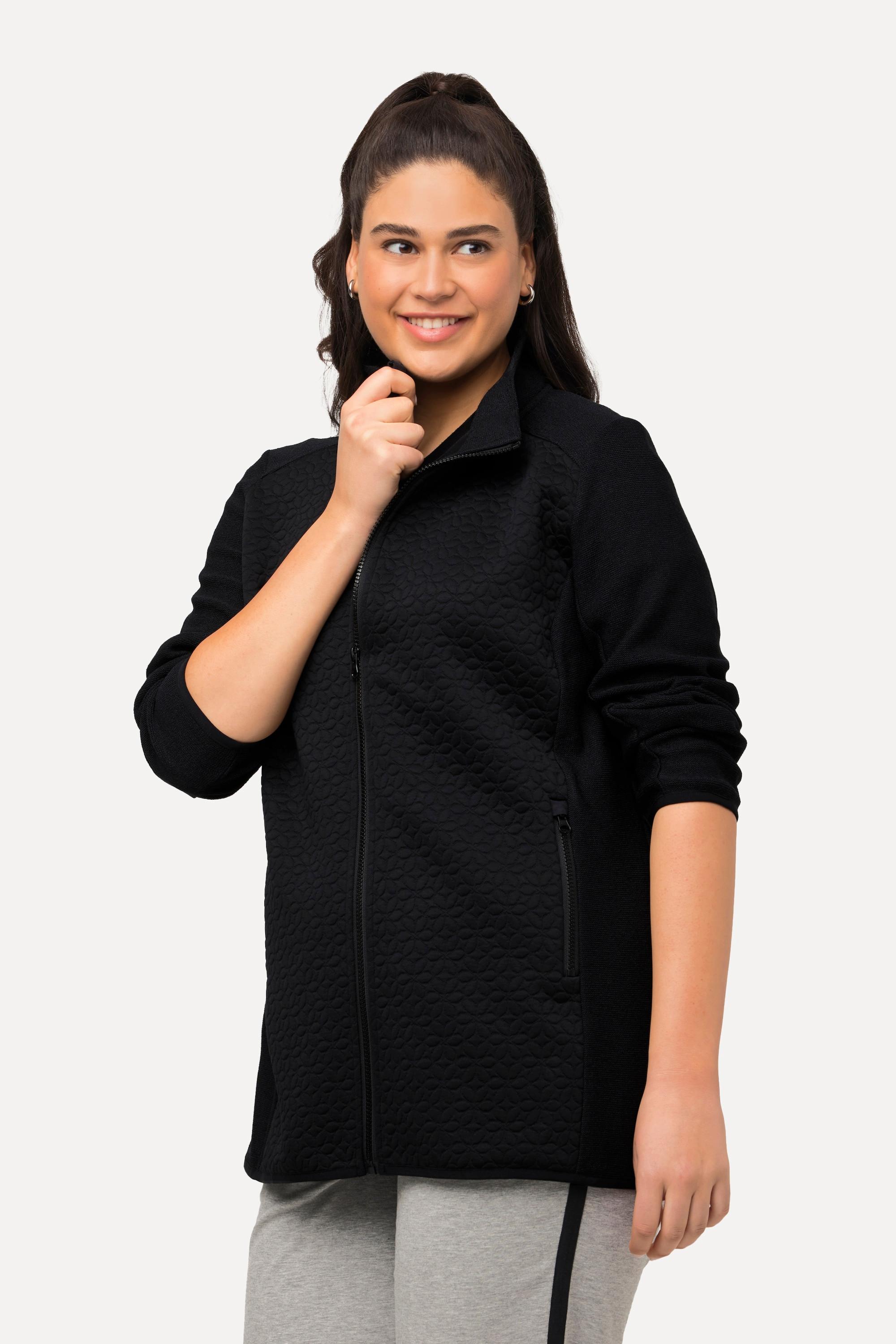 Ulla Popken  Veste en maille polaire à col montant et poches zippées, broderie 