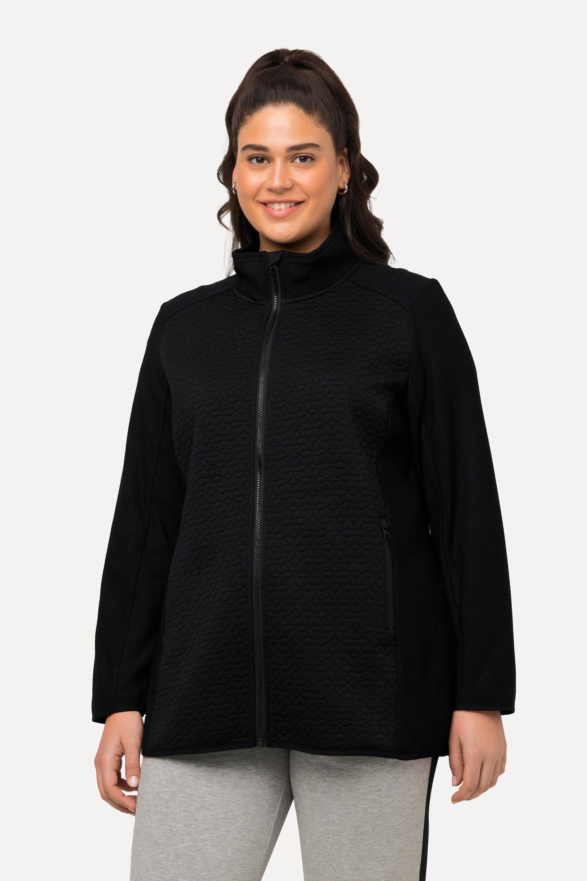 Ulla Popken  Veste en maille polaire à col montant et poches zippées, broderie 