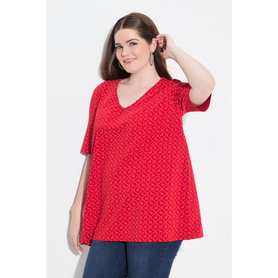 Ulla Popken T-Shirt Fantasia Tradizionale Taglio Svasato Scollo a V Mezze Maniche  