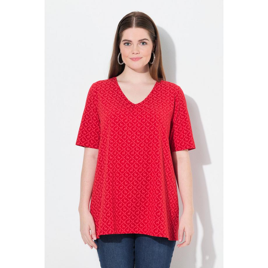 Ulla Popken T-Shirt Fantasia Tradizionale Taglio Svasato Scollo a V Mezze Maniche  