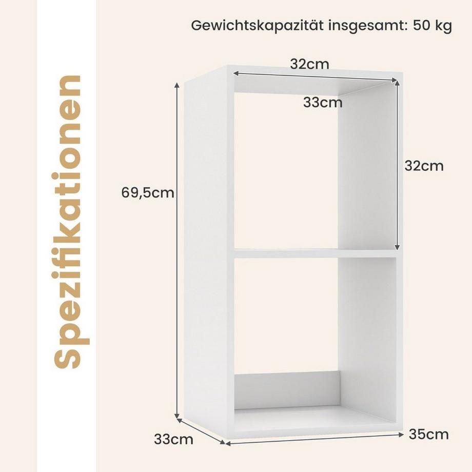 B2X Bücherregal mit 2 Fächern Würfelregal Standregal offenes Regal Aufbewahrungsregal für Wohnzimmer Weiß  