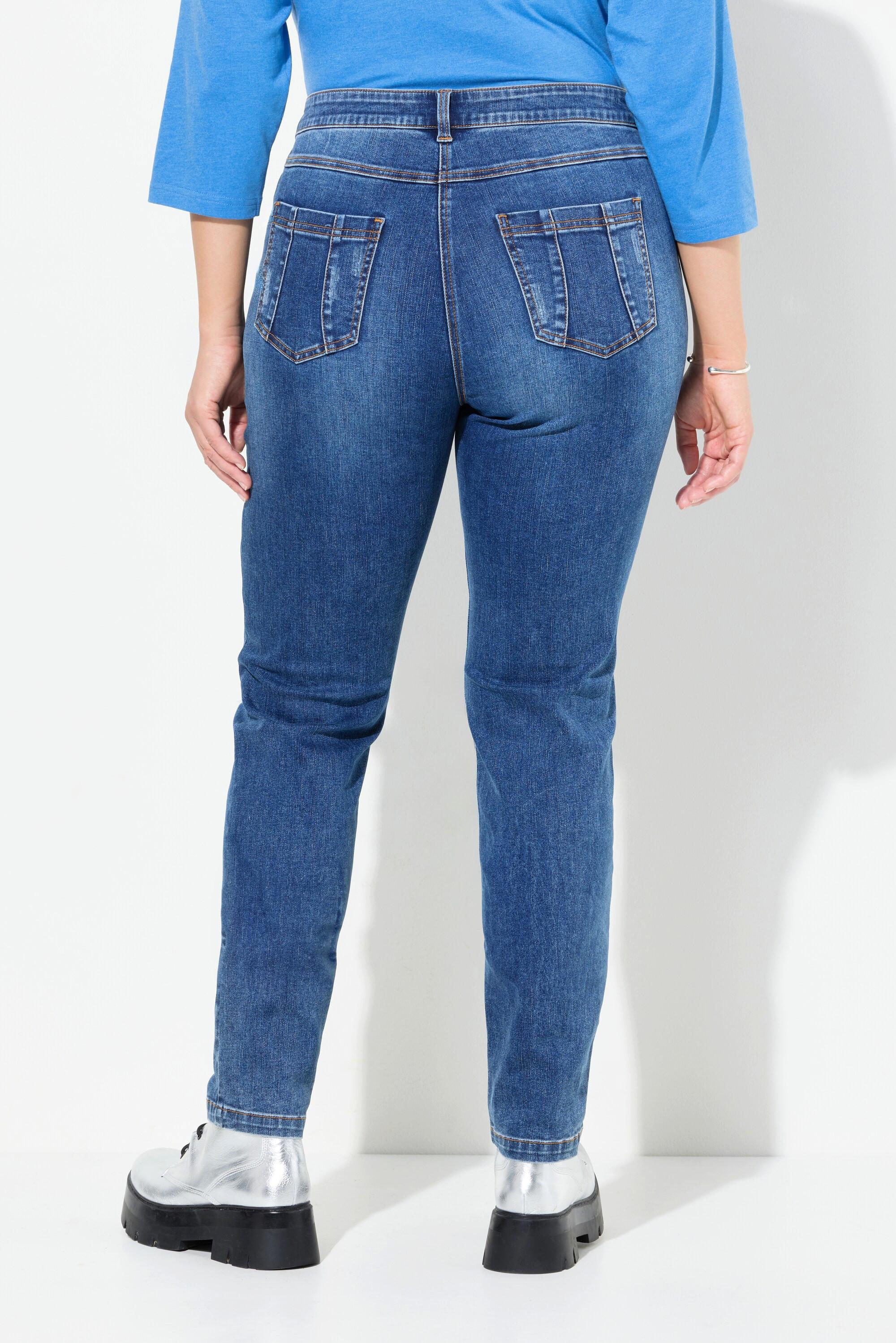 Ulla Popken  Jeans modello Sarah con effetto sdrucito, taglio della gamba aderente e cintura comoda 