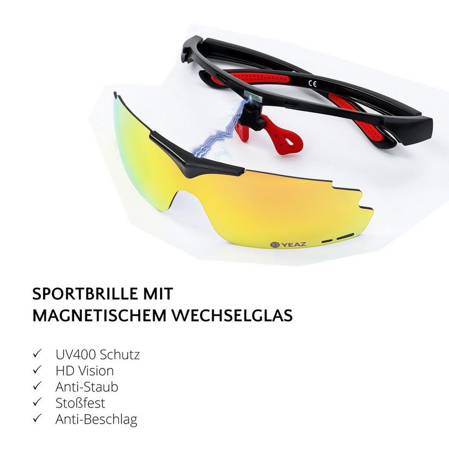 YEAZ  SUNUP Magnet-Sport-Sonnenbrille Matt schwarz /  Full Revo Red 