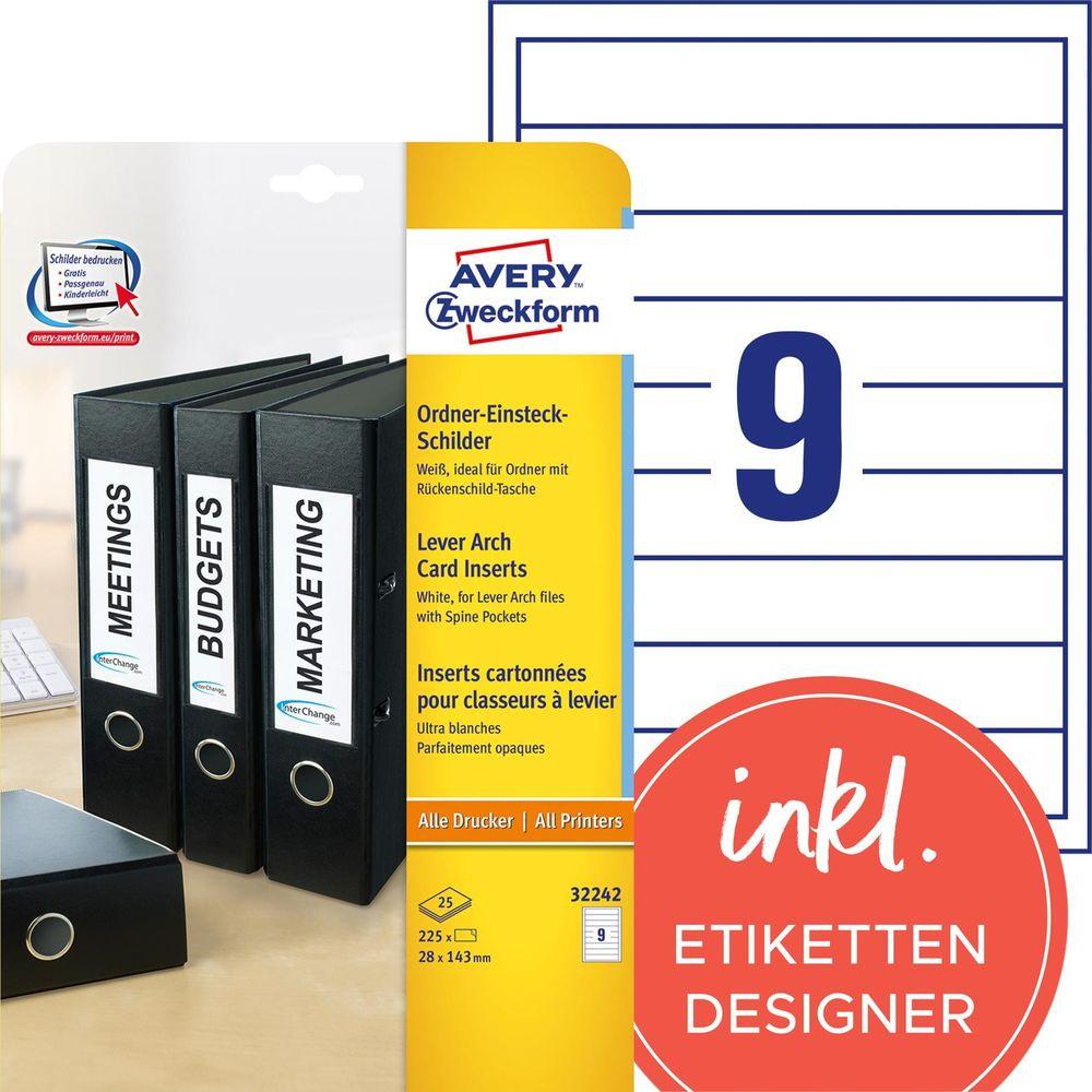 Avery-Zweckform AVERY ZWECKFORM Rückenschild Ordner 28x143mm 32242Z weiss 225 Stück/25 Blatt  