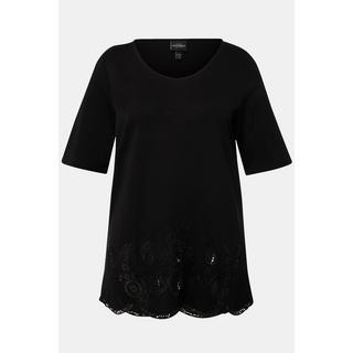 Ulla Popken  T-shirt con ricami, orlo a onda, scollo rotondo e mezze maniche 